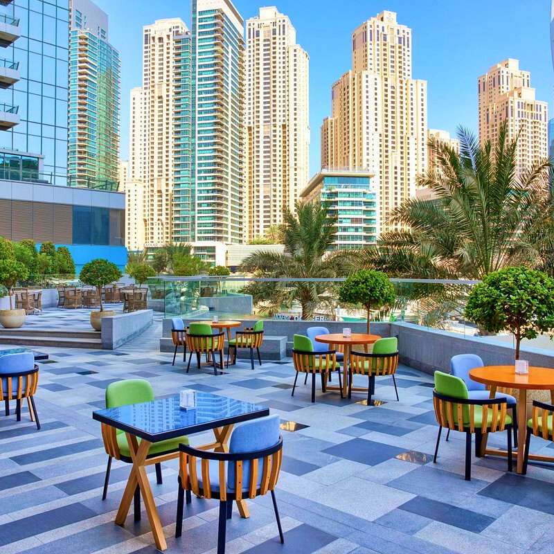Crown Plaza Marina Skyline & chairs on the patio